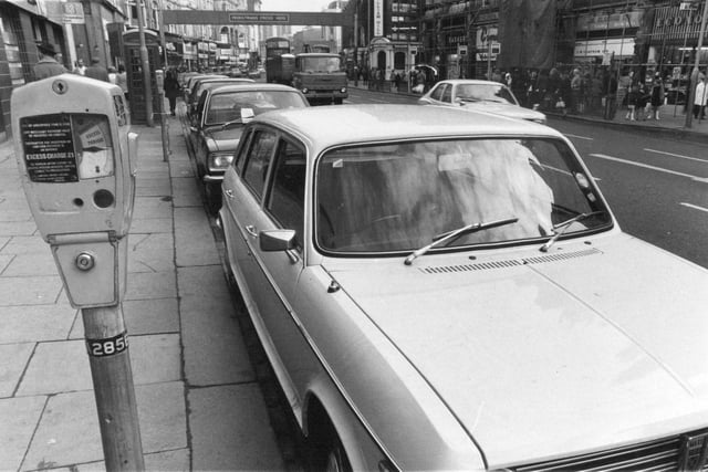 Motorists were charged to park on a Saturday in Leeds city centre for the first time. Pictured are meters on Vicar Lane in September 1973.
