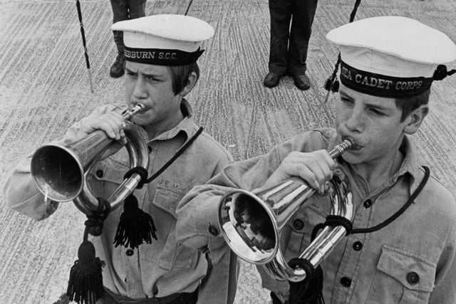 Two young buglers - Stephen Stewart and Barnard Gray - practise their solo parts  in preparation for a big event in July 1973. They are members of the Leeds Marine and Hebburn Sea Cadet Combined Band who were chosen to play at the Royal tournament at Earls Court.
