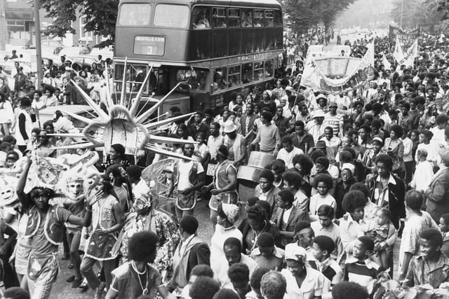 The Leeds West Indian Carnival in August 1973. Taking centre stage is Carnival Queen Movva Pinnock of Huddersfield.
