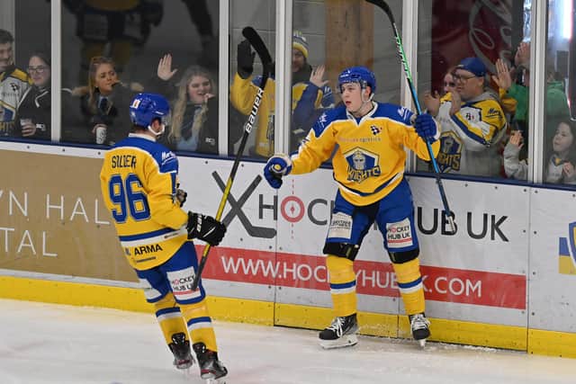 Kieran Brown celebrates scoring against former team Sheffield Steeldogs with leeds Knights' team-mate Ben Solder. Picture: Bruce Rollinson