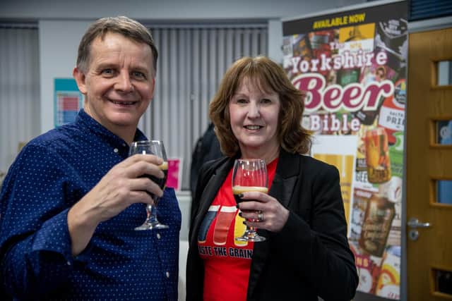 Pictured: Simon Jenkins and Nicky Massen promoting their walking beer tour of Leeds, It's The Beer Walking.