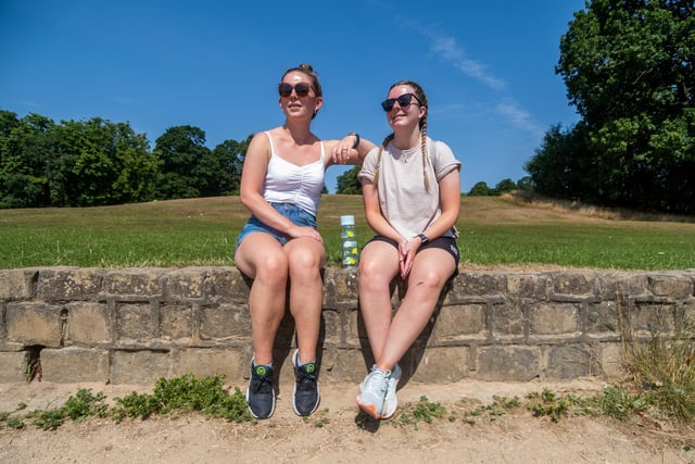 Pictured are friends Heather Morris, 25, and Darcy Nelson, 25, of Leeds, enjoying the weather.