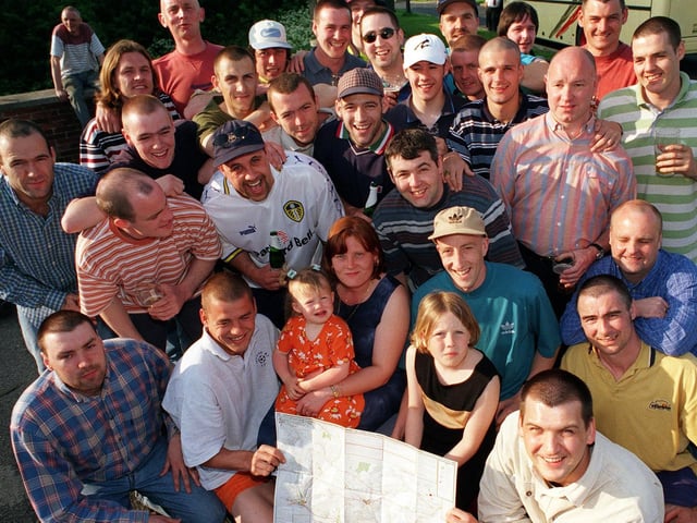 Regulars at the Grey Goose pub were fundraising in aid of Leukaemia sufferer Jamie West (pictured centre with beige cap) with his wife Michelle and their children Toni and Vicky. The fundraisers were walking from the pub to the Three Peaks to raise money. They are pictured in May 1998.