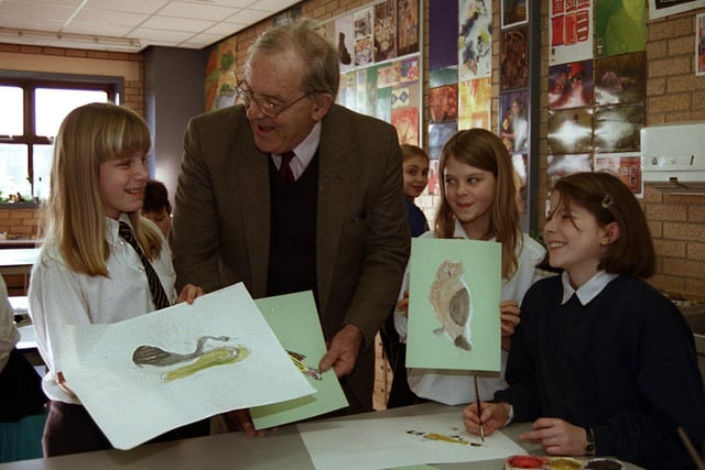Lord Merlyn-Rees pictured on a visit to the school named after him. He is with Year seven art class pupils, from left, Natlie Kellett, Jayne Foster and Leanne Hood in February 1998.