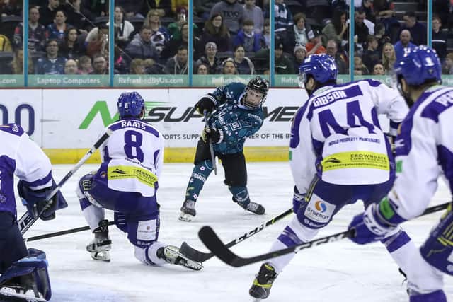 BIG TIME: Belfast Giants' Carter Hamill fires in a shot against Coventry Blaze on the final day of the regular Elite League campaign Picture courtesy of EIHL/William Cherry/Presseye