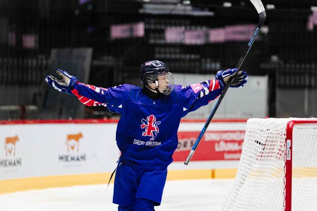 Carter Hamill celebrates scoring during the World Championships Division 2A tournament for Great Britain Under-18s. Picture courtesy of Catherine Kõrtsmik/IIHF.