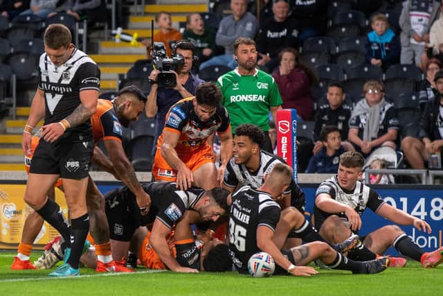 Derrell Olpherts goes over for his first try. (Picture: Bruce Rollinson/YP)