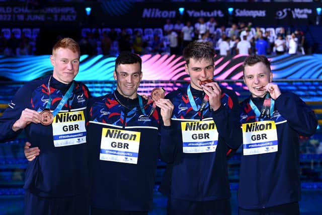 SUCCESS: Bronze medallists, Tom Dean, James Guy, Jacob Whittle and Joe Litchfield pose with their medals from the 4x200m Freestyle Final at the World Championships in Budapest last month. Picture: Quinn Rooney/Getty Images