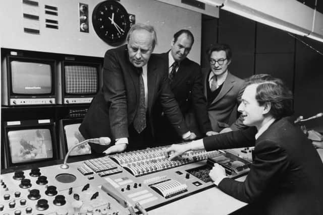 Pictured after the opening are: L-R Sir Michael, Mr. William Greaves, Regional TV manager and Dr. Patrick Nutgens, Chairman, BBC North Advisory Council, with Mr. Howard Brookbank, senior engineer (front) showing the group the main control consul in the control room. Photo: Peter Thacker