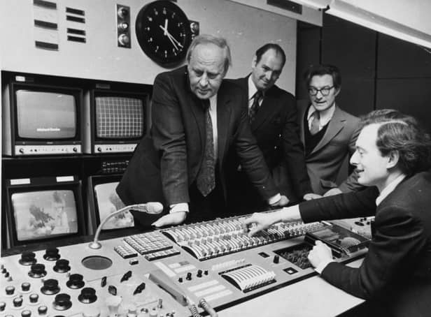 Pictured after the opening are: L-R Sir Michael, Mr. William Greaves, Regional TV manager and Dr. Patrick Nutgens, Chairman, BBC North Advisory Council, with Mr. Howard Brookbank, senior engineer (front) showing the group the main control consul in the control room. Photo: Peter Thacker