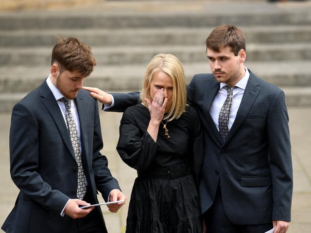Harry Gration's widow Helen with sons Harrison (left) and Harvey (right) at a service of thanksgiving for the BBC presenter at York Minster in York