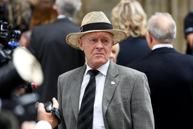 Former England cricket player Geoffrey Boycott arrives at a service of thanksgiving for BBC presenter Harry Gration at York Minster in York