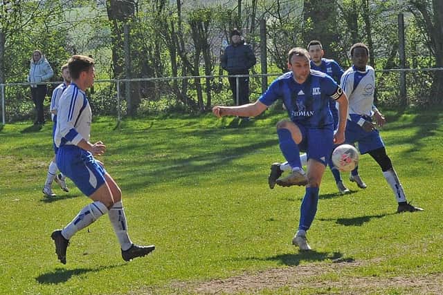 HT Sports' Lee Turner scores his second goal in the 2-2 draw with visitors Kirkstall Crusaders. Picture: Steve Riding.