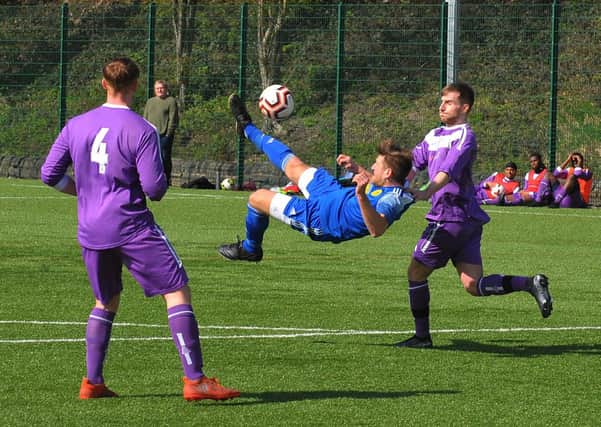 Damir Maldovic is wide with his overhead kick for Horsforth St Margaret's against Leeds Medics & Dentists. Picture: Steve Riding.