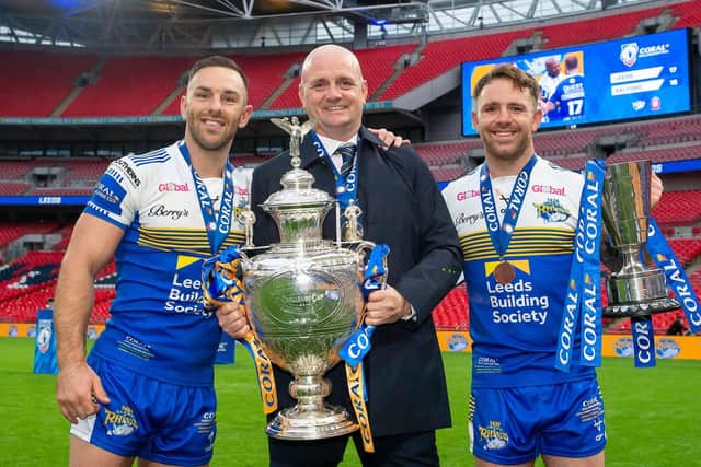 FLASHBACK: Leeds Rhinos' Luke Gale, Richard Agar and Richie Myler are pictured after last season triumph over Salford Red Devils in the Challenge Cup final. Picture: Allan McKenzie/SWpix.com.