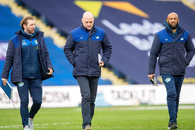 Leeds Rhinos head coach Richard Agar, centre, with assistants, former St Helens star Sean Long, and Jamie Jones-Buchanan. Picture: Bruce Rollinson/JPIMedia.