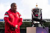 England coach Shaun Wane with the World Cup at Newcastle's St James's Park where the opening game will be played in 199 days' time. Picture by SWpix.com.