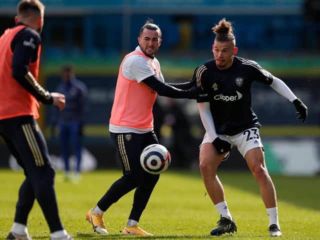Leeds United's Jack Harrison challenges Kalvin Phillips during a warm-up at Elland Road. Pic: Getty