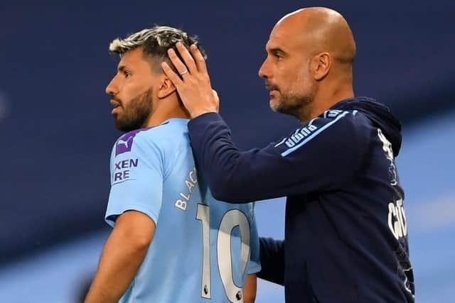 MAIN MEN: Manchester City danger men, on the field - Sergio Aguero, off the field - manager Pep Guardiola. Picture: Laurence Griffith/PA Wire.
