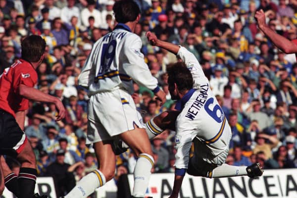 David Wetherall scores against Manchester United at Elland Road in September 1994. Brian Deane also scored in a 2-1 win. PIC: Varley Picture Agency