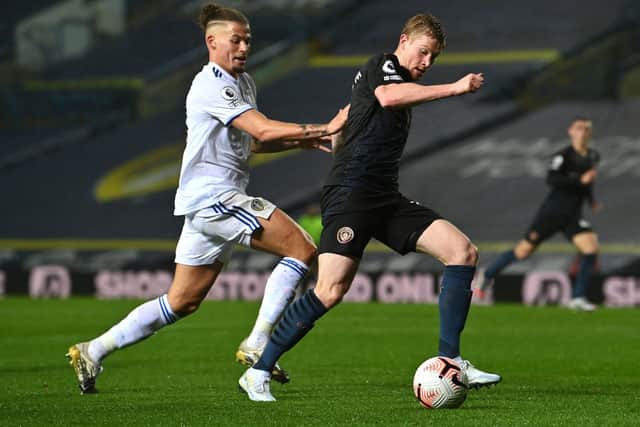 BATTLE: Leeds United's Kalvin Phillips and Manchester City's Kevin De Bruyne battle for the ball during October's 1-1 draw between the sides at Elland Road. Picture: Paul Ellis/PA Wire.