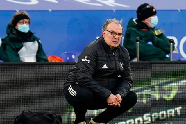 MISSION: For Leeds United head coach Marcelo Bielsa, pictured during this season's sole win against a side in the current top seven at Leicester City at the end of January. Photo by TIM KEETON/POOL/AFP via Getty Images.