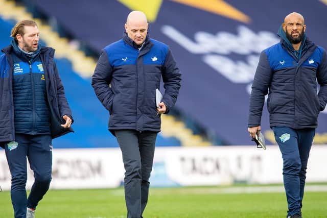 Rhinos boss Richard Agar, centre and Sean Long, left - pictured with another assistant-coach Jamie Jones-Buchanan - were on opposite sides last time Saints won the Cup. Picture by Bruce Rollinson