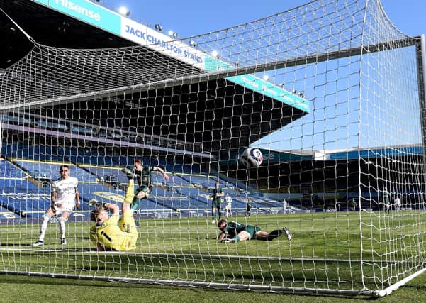 Sheffield United's Phil Jagielka scores an own goal during the match at Elland Road. Picture: Laurence Griffiths/PA Wire.