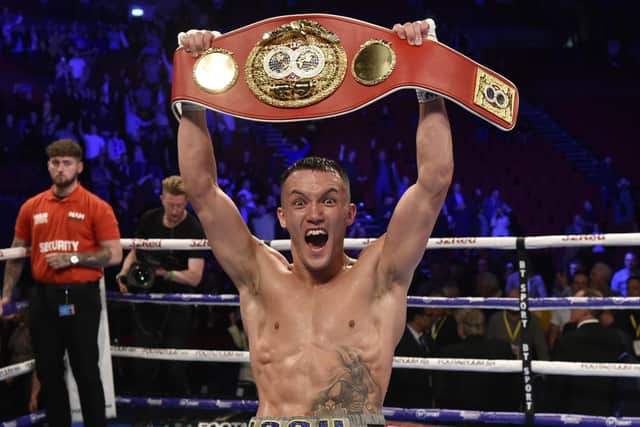 Josh Warrington celebrates retaining his world title against Sofiane Takoucht at Leeds Arena in October 2019. Picture: Steve Riding.