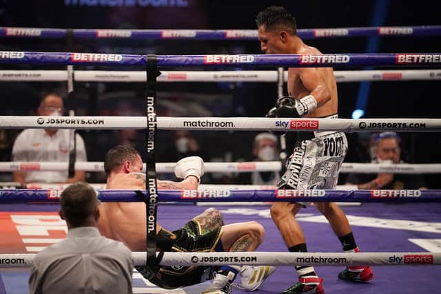 LOW BLOW:
Josh Warrington being knocked out by Mauricia Lara in February this year. Picture courtesy of Dave Thompson/Matchroom Boxing.