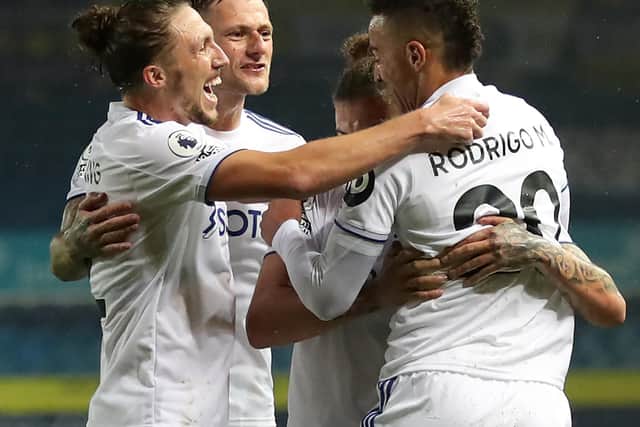 US AGAIN: Leeds United held Manchester City to a 1-1 draw in October's clash at Elland Road as the Whites celebrated an equalising goal from Rodrigo, above. Photo by CATHERINE IVILL/POOL/AFP via Getty Images.