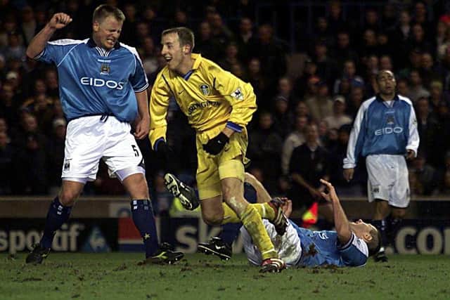 BIG MOMENT: Lee Bowyer races away to celebrate after putting Leeds United 2-0 up with ten minutes left of the Premier League clash against Manchester City at Maine Road of January 2001. Picture by Gary M. Prior/ALLSPORT via Getty Images.