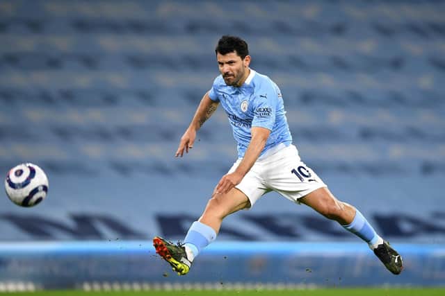 OUT IN FRONT: Sergio Aguero, above, is considered Manchester City's chief goal threat against Leeds United but eight City players are rated more likely to net first than Whites no 9 Patrick Bamford. Photo by Gareth Copley/Getty Images.
