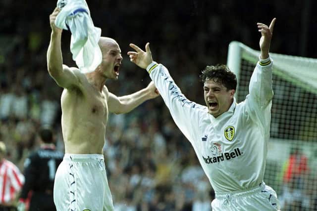 Danny Mills celebrates scoring his first goal for Leeds United - the winner against Sudnerland at Elland Road in August 1999. PIC: Varley Picture Agency