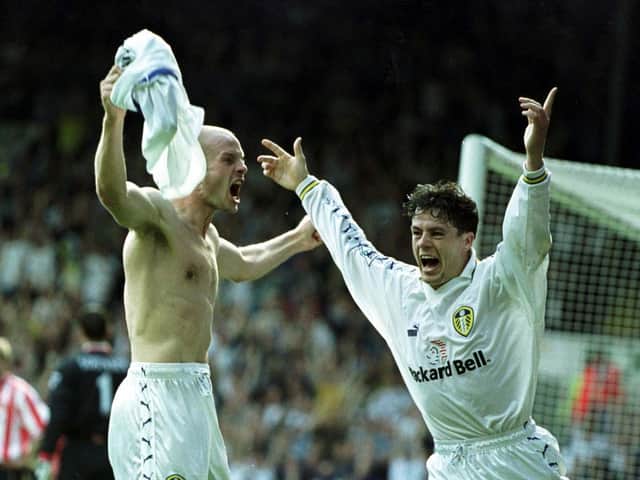 Danny Mills celebrates scoring his first goal for Leeds United - the winner against Sudnerland at Elland Road in August 1999. PIC: Varley Picture Agency