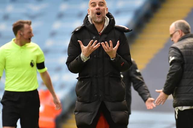 FRUSTRATION: Manchester City boss Pep Guardiola during Saturday's 2-1 defeat against ten men Leeds United at the Etihad. Photo by Rui Vieira - Pool/Getty Images.