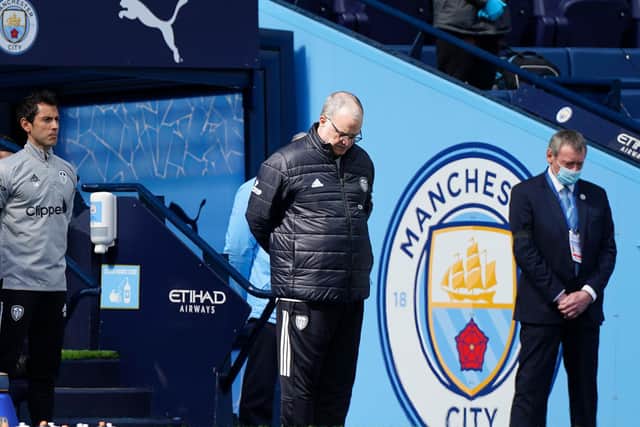 RESPECTS: From Leeds United head coach Marcelo Bielsa to remember His Royal Highness Prince Philip, The Duke of Edinburgh during a two minutes' silence at the Etihad. Photo by Tim Keeton - Pool/Getty Images/