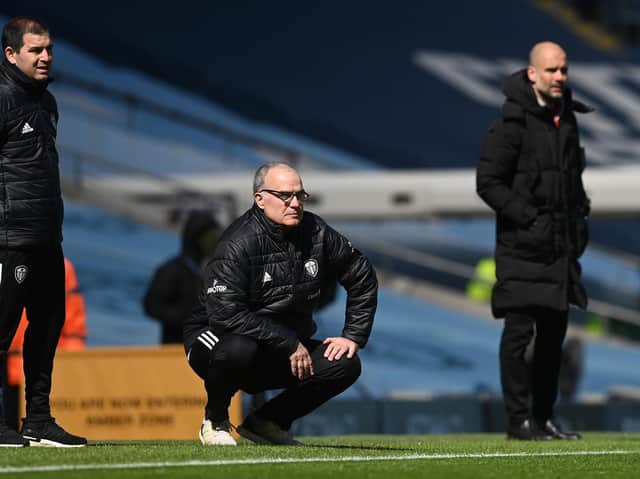 Leeds United head coach Marcelo Bielsa watches on at Manchester City. Pic: Getty