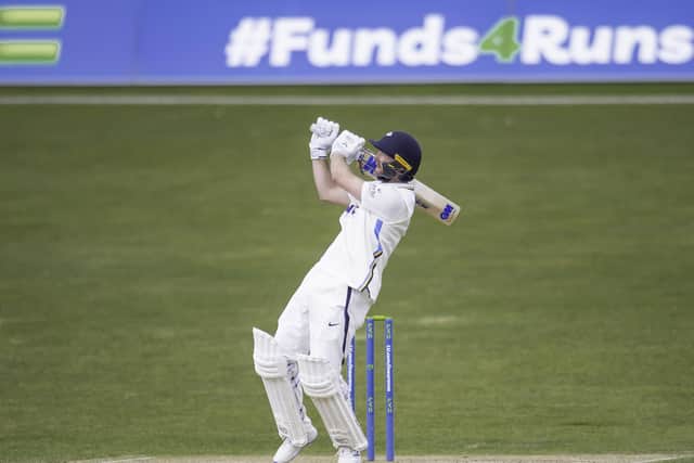 Maximum effort: Adam Lyth hits a six in his match-saving 115 not out against Glamorgan. Picture by Allan McKenzie/SWpix.com