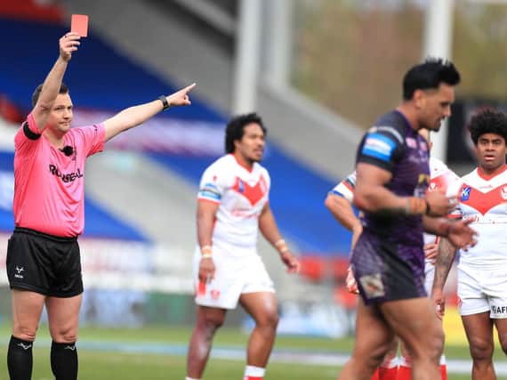 Referee Ben Thaler sends off Rhinos' Zane Tetevano. Picture by Mike Egerton/PA.