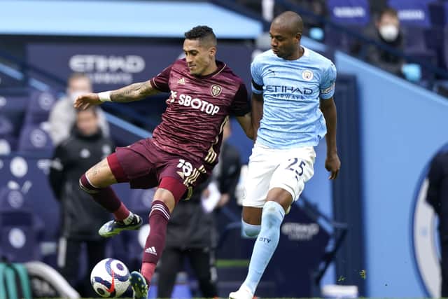 BATTLE: Leeds United's Raphinha and Manchester City's Fernandinho battle for the ball. Picture: Tim Keeton/PA Wire.