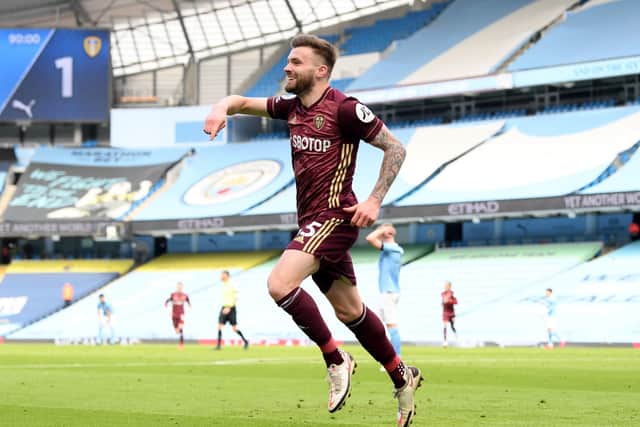 CLINCHER: Leeds United's Stuart Dallas celebrates scoring their side's winning against Manchester City. Picture: Michael Regan/PA Wire.