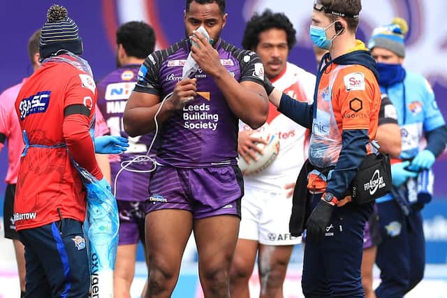 King Vuniyayawa needed oxygen after being knocked out just three minutes into his Rhinos debut. Picture by Mike Egerton/PA.