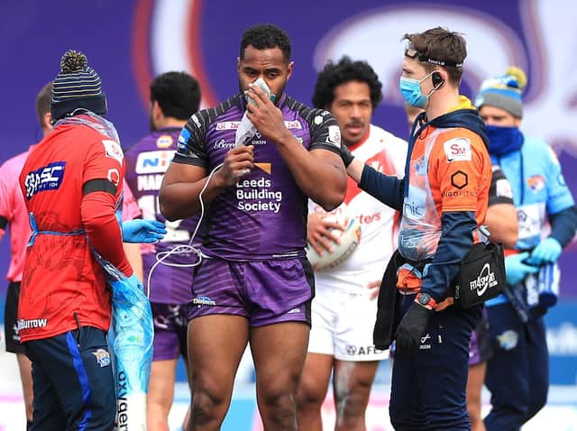 King Vuniyayawa needed oxygen after being knocked out just three minutes into his Rhinos debut. Picture by Mike Egerton/PA.