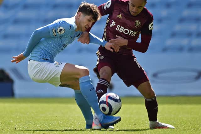 NUISANCE: Helder Costa, right, proved a big problem for Manchester City in their attempts to break Leeds United down in Saturday's clash at the Etihad. Photo by RUI VIEIRA/POOL/AFP via Getty Images.