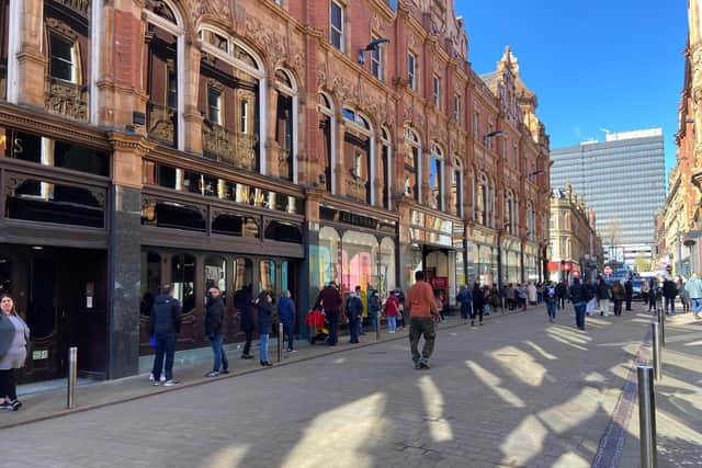 Debenhams in Leeds city centre has long queues for its closing down sale on reopening day