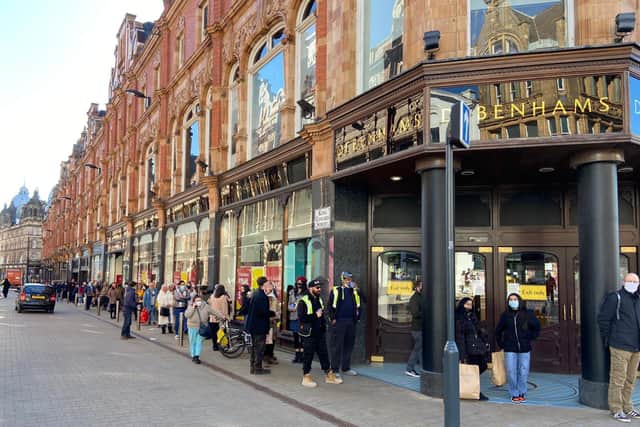 Debenhams in Leeds city centre has long queues for its closing down sale on reopening day