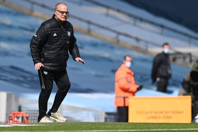 THE BIGGER PICTURE: Leeds United head coach Marcelo Bielsa during Saturday's superb 2-1 victory against Manchester City at the Etihad. Photo by MICHAEL REGAN/POOL/AFP via Getty Images.