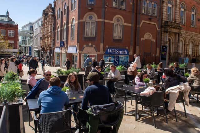 Outdoor dining and drinking reopened in Leeds today (April 12) as people flocked to the city centre (photo: Bruce Rollinson)