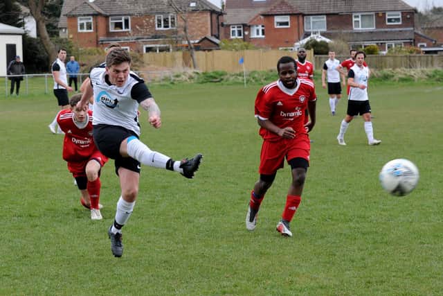 Scott Lightowler, of Littletown, shoots in the 1-0 win at Yorkshire Amateur Supreme rivals Alwoodley. Picture: Steve Riding.
